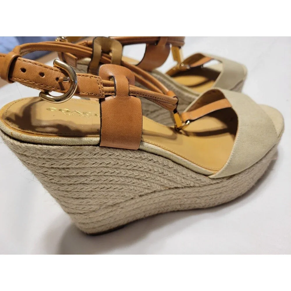 Coach Women's Beige Tan Leather Wedge Sandals Ankle Strap Buckle 9.5 B